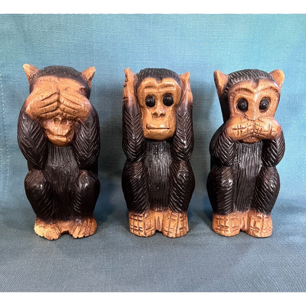 VTG 3 Wise Monkeys See No/Hear No/Speak No Evil Hand Carved Wood 5.5" Figurines